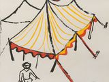 drawing of a circus tent with a man standing next to it
