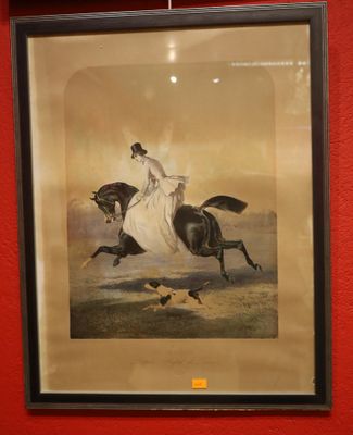 framed picture of a woman riding a horse with two birds in the foreground
