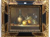 an oil painting of a still life of fruit and a bottle of wine