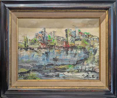 une peinture à l'huile représentant un paysage urbain avec une rivière au premier plan