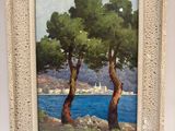 an oil painting of two trees in front of a body of water