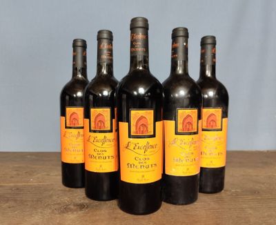 six bottles of wine are lined up on a wooden table