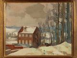 une image représentant un tableau d'une maison rouge dans la neige