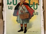 a poster of a little boy with a basket on the wall