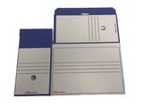 blue and white file folder with a ring on top of it