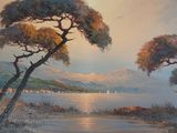 a painting of a view of a lake and mountains