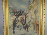an image of a painting of a street scene in a gold frame
