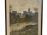 painting of a landscape with buildings and a river in the foreground