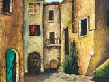 un tableau représentant une scène de rue avec des bâtiments et une porte verte
