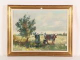 a painting of a man and a cow in a field