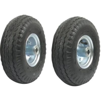 pair of black wheels with silver spokes on a white background