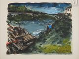 un tableau représentant un bateau sur les rives d'une rivière