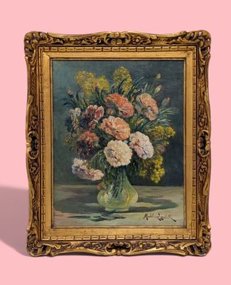 a painting of flowers in a vase on a table