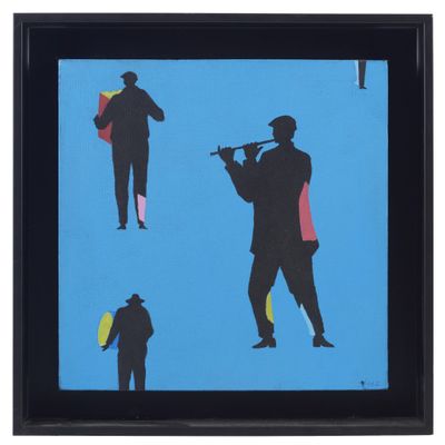 reproduction encadrée représentant les silhouettes d'hommes jouant d'instruments sur fond bleu
