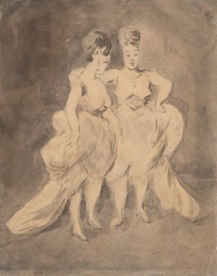 drawing of two women sitting on a chair, one of which is holding a fan