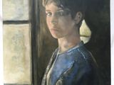 tableau représentant une femme en robe bleue regardant par la fenêtre