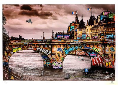 painting of a bridge over a river with a castle in the background