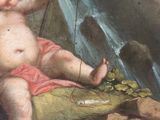 an image of a painting of a baby sitting on a rock with a fishing pole