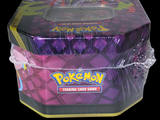 pokemon trading card game tin box with a purple and yellow design