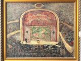 une peinture à l'huile représentant une scène de théâtre avec un rideau et un homme sur scène