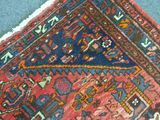an image of a red rug with a blue background and a cat laying on top of it