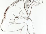 drawing of a woman sitting on a stool with a skull in her hand