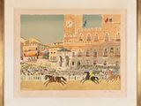 painting of a horse race in front of a castle with a crowd of people