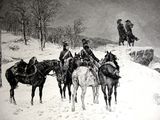 un dessin représentant un groupe de personnes à cheval dans la neige