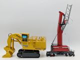 a yellow crane and a red crane on a white background