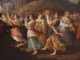 a painting of a group of people dancing in a forest