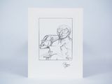 a black and white drawing of a man sitting at a table