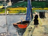 a painting of a woman standing on a dock next to a boat