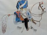 a drawing of a man riding a horse with a sword