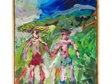 a painting of two people walking in a field with a sky background