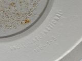a close up of a white plate with rust on it