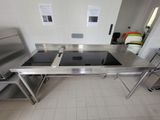 a stainless steel kitchen with a stove and a sink