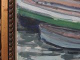 a painting of a man standing on a boat in the water
