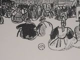 a black and white drawing of a man riding a horse