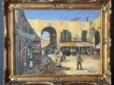 une peinture à l'huile d'une scène de rue avec des gens et des bâtiments