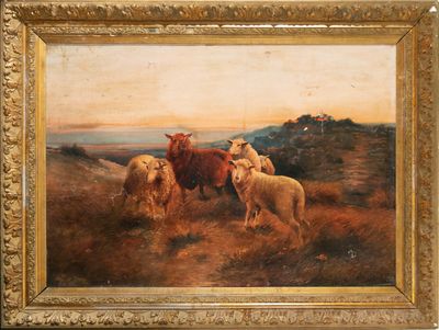 painting of a herd of sheep standing in a field with a sunset in the background