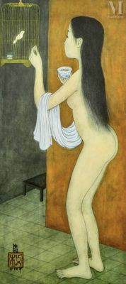 une image représentant un tableau où l'on voit une femme tenant un oiseau dans une cage