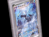 La carte Pokémon se trouve dans un étui en plastique transparent sur fond noir.