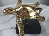 gold sea turtle figurine on a marble table top