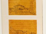 two drawings of a house and a building on a yellow background