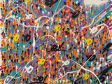 une peinture abstraite représentant un groupe de personnes debout devant un fond coloré