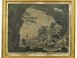 une peinture représentant une grotte avec des personnes et des animaux à l'intérieur