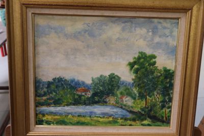 a picture of a painting of a river in a frame