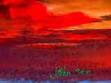 abstract painting of a red sky with a bird flying in the distance