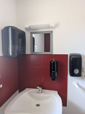 une salle de bains équipée d'un lavabo, d'un miroir et d'un distributeur de savon