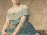 painting of a woman in a blue dress sitting on a chair